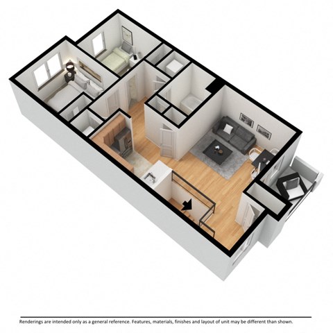 Floor plan for 2 beds, 1 bath, 865 sqft